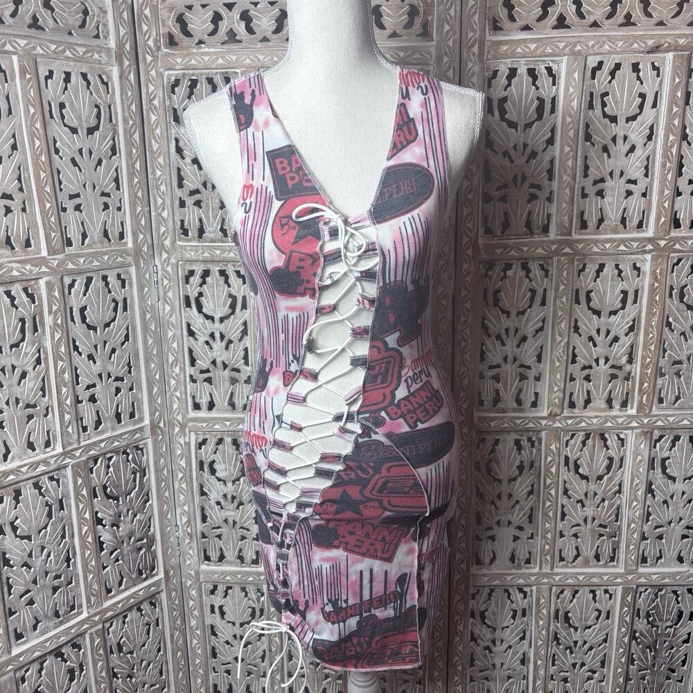 BANNI PERU Mini Dress Women Bodycon AOP Printed Graphic Detail Lace Up Front S